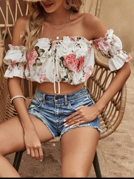 SHEIN Tops - SHEIN White Top with Pink Floral Print and Tie Front